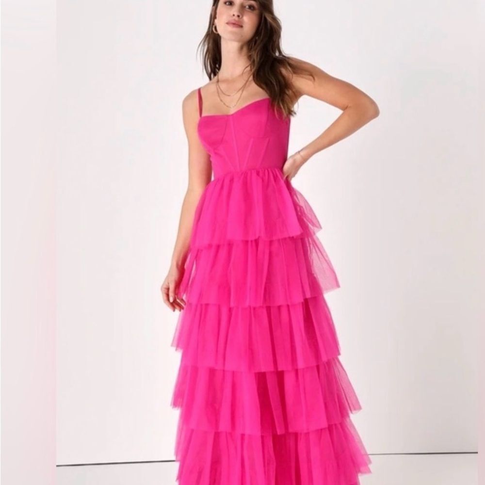 NWT Lulus Rule the Runway Hot Pink Tulle Bustier Maxi Dress M